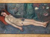 an image of a painting of a naked woman laying on a red chair