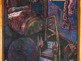 painting of a dog in a bedroom with a bed and a chair