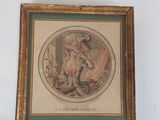 tableau représentant une femme coiffée d'un chapeau et vêtue d'une robe à fleurs, dans un cadre doré