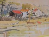 a watercolor painting of a boat on the water