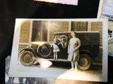 two old photos of a man and a woman standing in front of a car