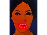an image of a painting of a woman ' s face with a neon light in her mouth