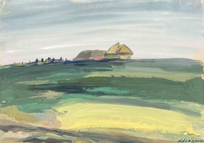une peinture à l'huile représentant un champ vert avec une maison au loin