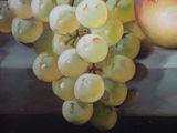 a painting of grapes and an apple on a table