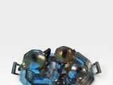 an image of a blue tray with a bunch of silver objects on it