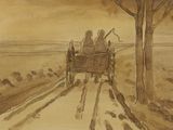 painting of a horse and buggy on a country road