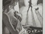 dessin représentant une femme assise sur une chaise, regardant par la fenêtre un homme accompagné d'un chien