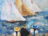 a painting of a group of people on the beach