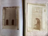 two old photos of a building and a doorway in a book