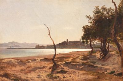 tableau représentant une vue de plage avec des arbres et un plan d'eau
