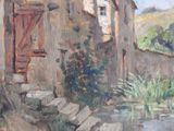 a painting of a building with a pond in front of it
