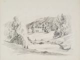 pencil drawing of a house on a hill with a river in the foreground
