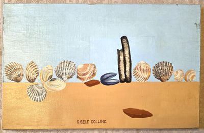 une peinture représentant des coquillages et un cactus sur la plage