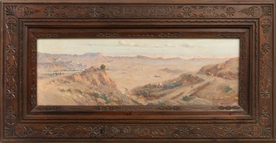 a painting of a landscape with mountains and trees in a wooden frame