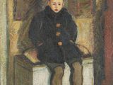 une peinture à l'huile représentant un garçon assis sur une chaise dans une pièce