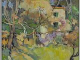 un tableau représentant une maison dans un champ, avec des arbres en arrière-plan
