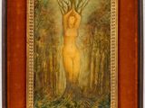 un tableau représentant une femme nue debout dans une forêt