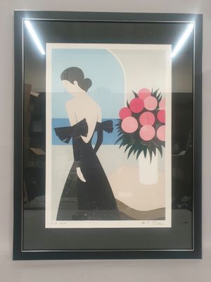 painting of a woman in a black dress holding a bouquet of flowers