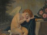 an old painting of an angel sitting on a bench next to a vase of flowers