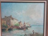 an oil painting of a harbor scene with boats in the water