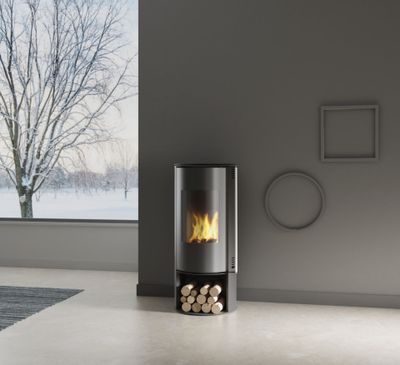 a fire place in the corner of a room with a large window