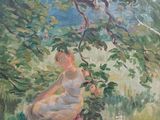 une peinture à l'huile représentant une femme assise sous un arbre dans un champ