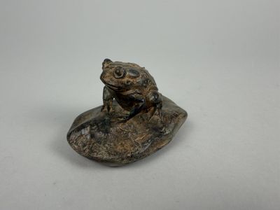 an image of a small bronze frog sitting on top of a rock