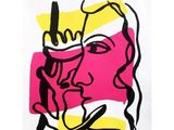 un dessin représentant le visage d'une femme sur un fond rose et jaune