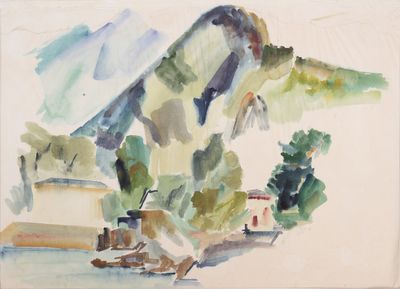 une aquarelle représentant une montagne avec un bateau sur l'eau