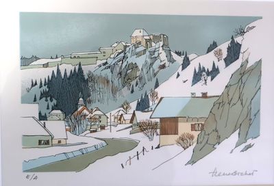 a picture of a painting of a mountain village