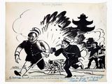 drawing of a cartoon of a man running away from another man in a carriage