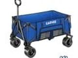 a close up of a blue wagon with wheels on a white background