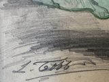 painting of a wave crashing on a beach with a surfboard in the foreground