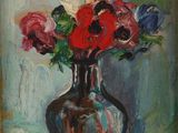 une peinture à l'huile représentant un vase avec des fleurs sur une table