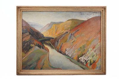 an oil painting of a river running through a valley with mountains in the background