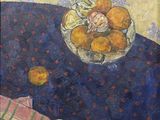 a painting of a bowl of oranges on a table