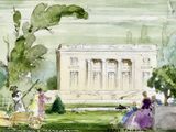 une aquarelle représentant un groupe de personnes devant un bâtiment