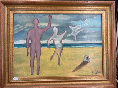 une peinture d'un homme et d'une femme sur la plage