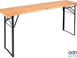 the table is made of wood and metal with a wooden top