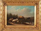 une peinture à l'huile représentant des moutons paissant dans un champ près d'un étang