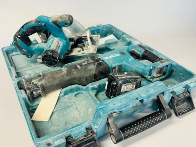 a blue tool case with tools in it on a white surface