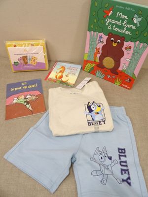 le premier livre d'un bébé, un livre, un bavoir et un livre-bavoir posés sur un canapé