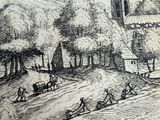 a black and white drawing of a village with a church in the background