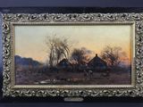 un tableau représentant une scène de vie à la ferme avec des chevaux et une grange
