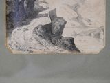 drawing of a boat on a river with a mountain in the background