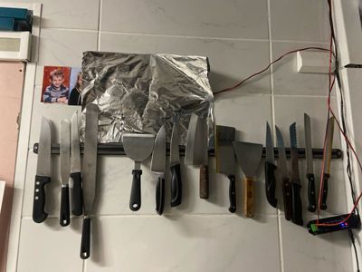 a bunch of knives hanging on the wall in the kitchen