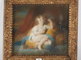 an old painting of a woman sitting on a chair with a child