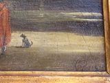 a painting of a man and a dog on the beach