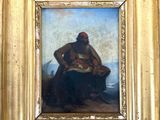 an image of a painting of a man sitting on a rock by the ocean