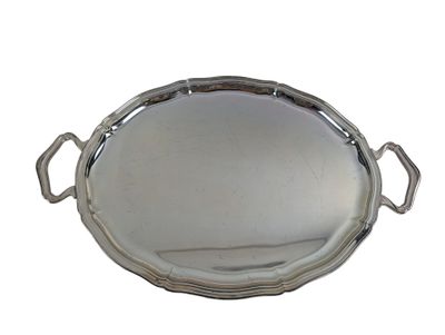 an oval silver tray with handles on a white background